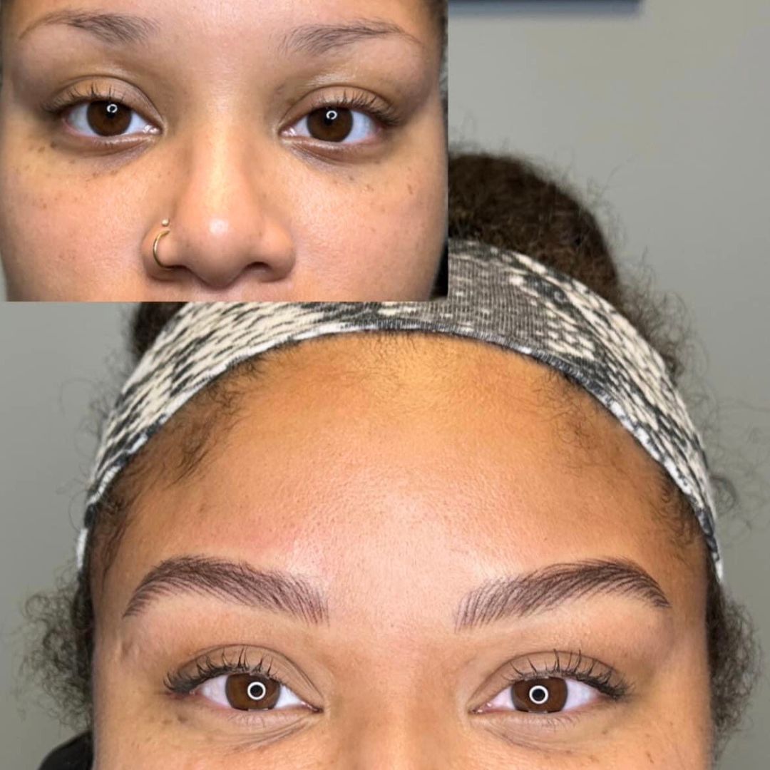 Before and after nano brows showing natural hair‑stroke eyebrow tattoo results on a client.