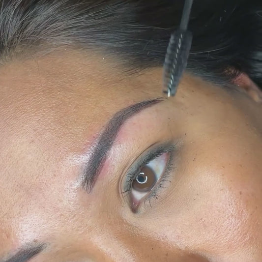 Close up of powder brow result after one session on a woman with combination skin. Service performed at SKN Deep Cosmetic Clinic in Grimsby.